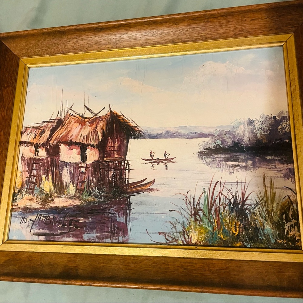 Rustic Lakeside Cabin Painting with Wooden Frame